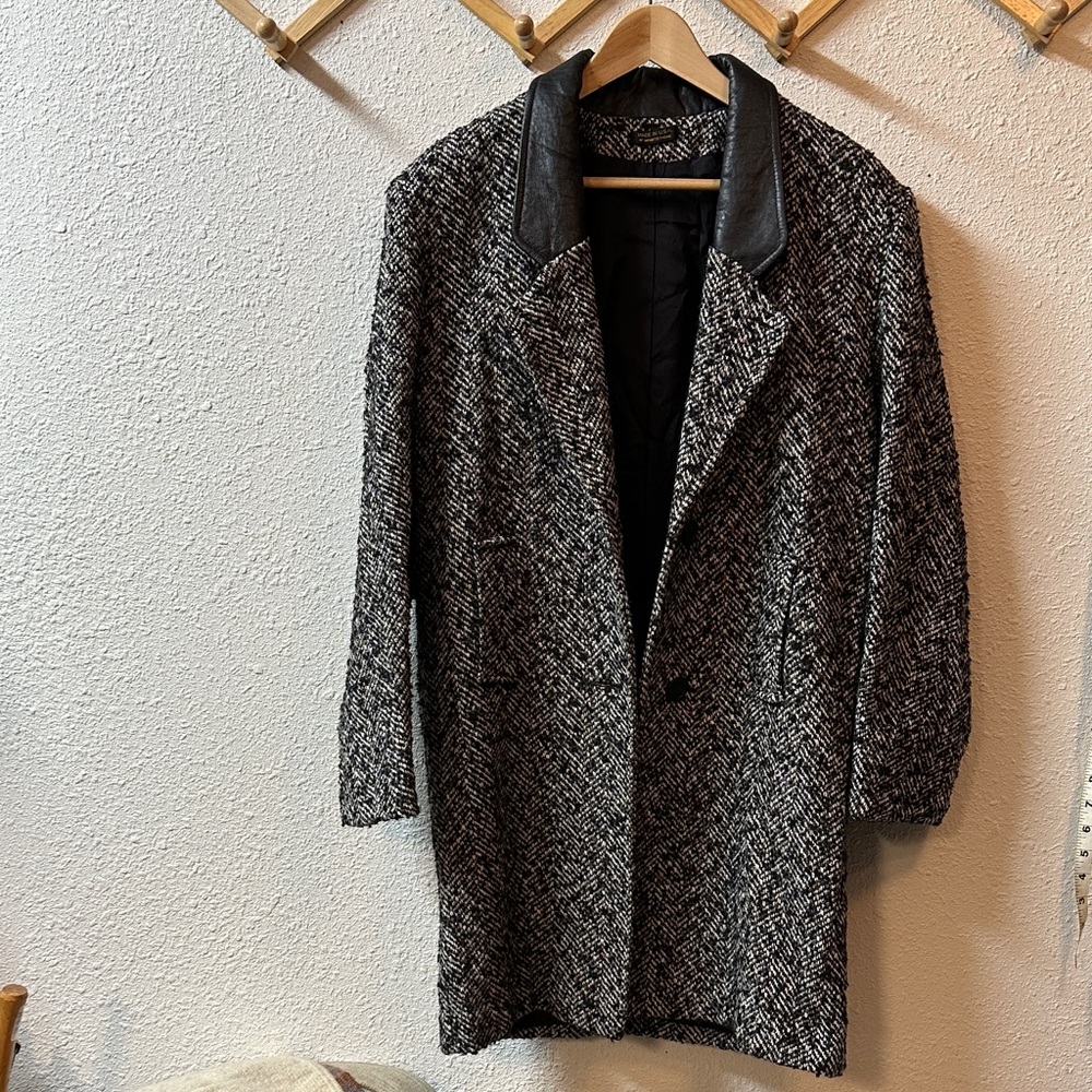 Black and White Herringbone Coat with Leather Collar